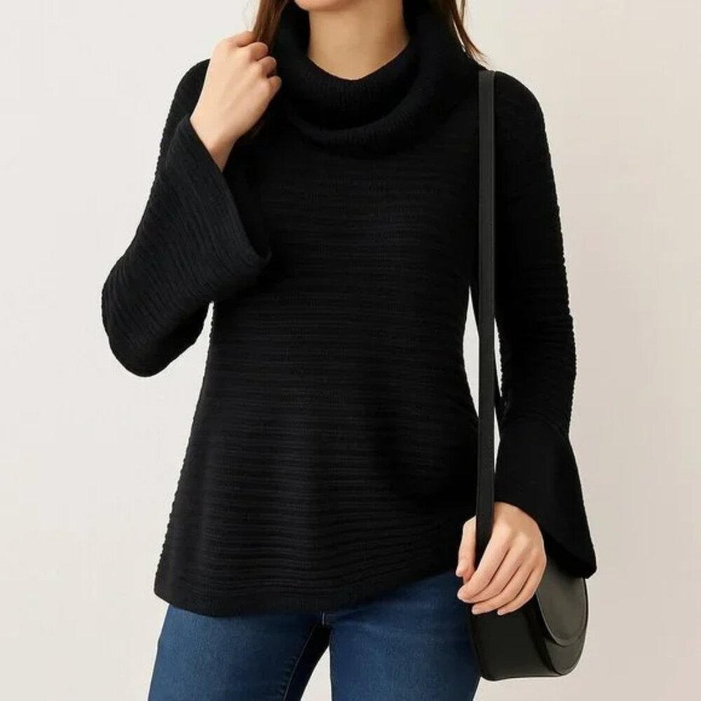 Calvin Klein Black Cowl Neck Ribbed Sparkle Bell Sleeve Sweater